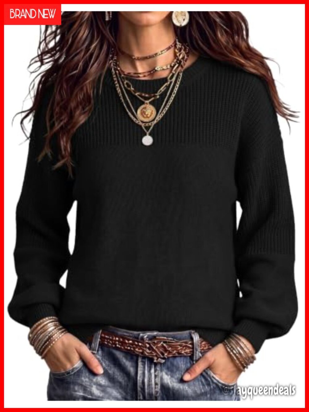 Womens Chunky Knit Cotton Sweater Loose Fit Crew Neck Long Sleeve Pullover